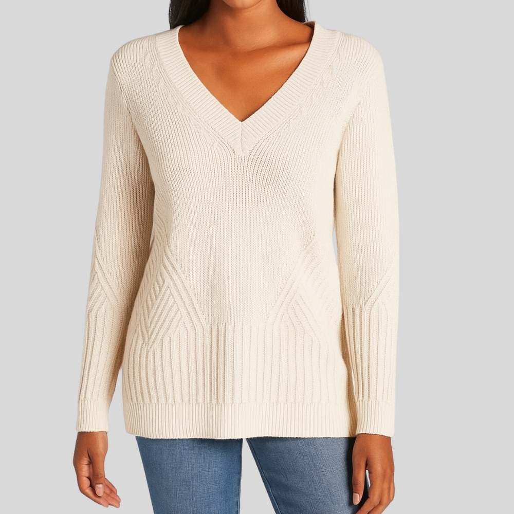 Athleta Pullover Sweater Women's Size XXS Dove White V-Neck Knit Minimalist Cozy